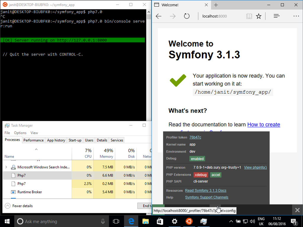 Windows subsystem for Linux, running PHP 7 natively with Symfony
